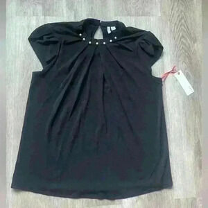ELLE Black Short Sleeve Blouse, Womens size Small, Pearl Accent